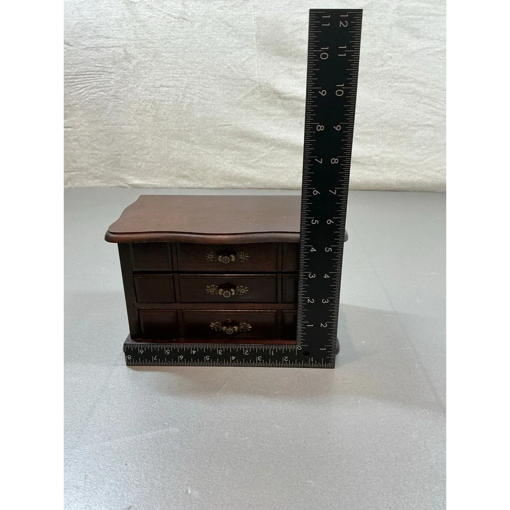 Vintage Illinois Musical Jewelry Box Solid Wood 3 Drawer Mirror Yellow Lining